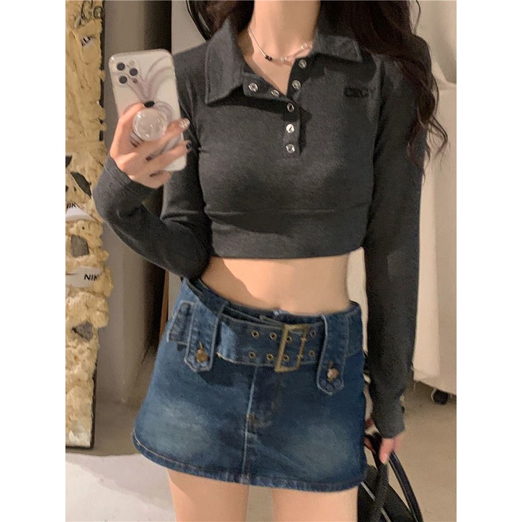 Red Rasa desain ceruk POLO kerah lengan panjang T-shirt wanita musim gugur luar memakai pendek bagian dalam bottoming kemeja pinggang tinggi hot girl top