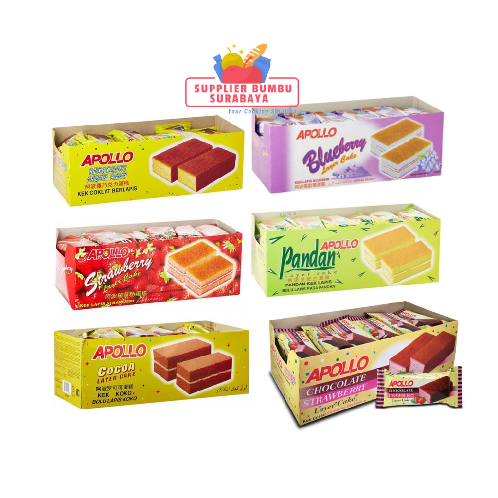 Apollo Layer Cake Kue Bolu Chocolate Strawberry Blueberry Pandan Cocoa Box 24 pcs