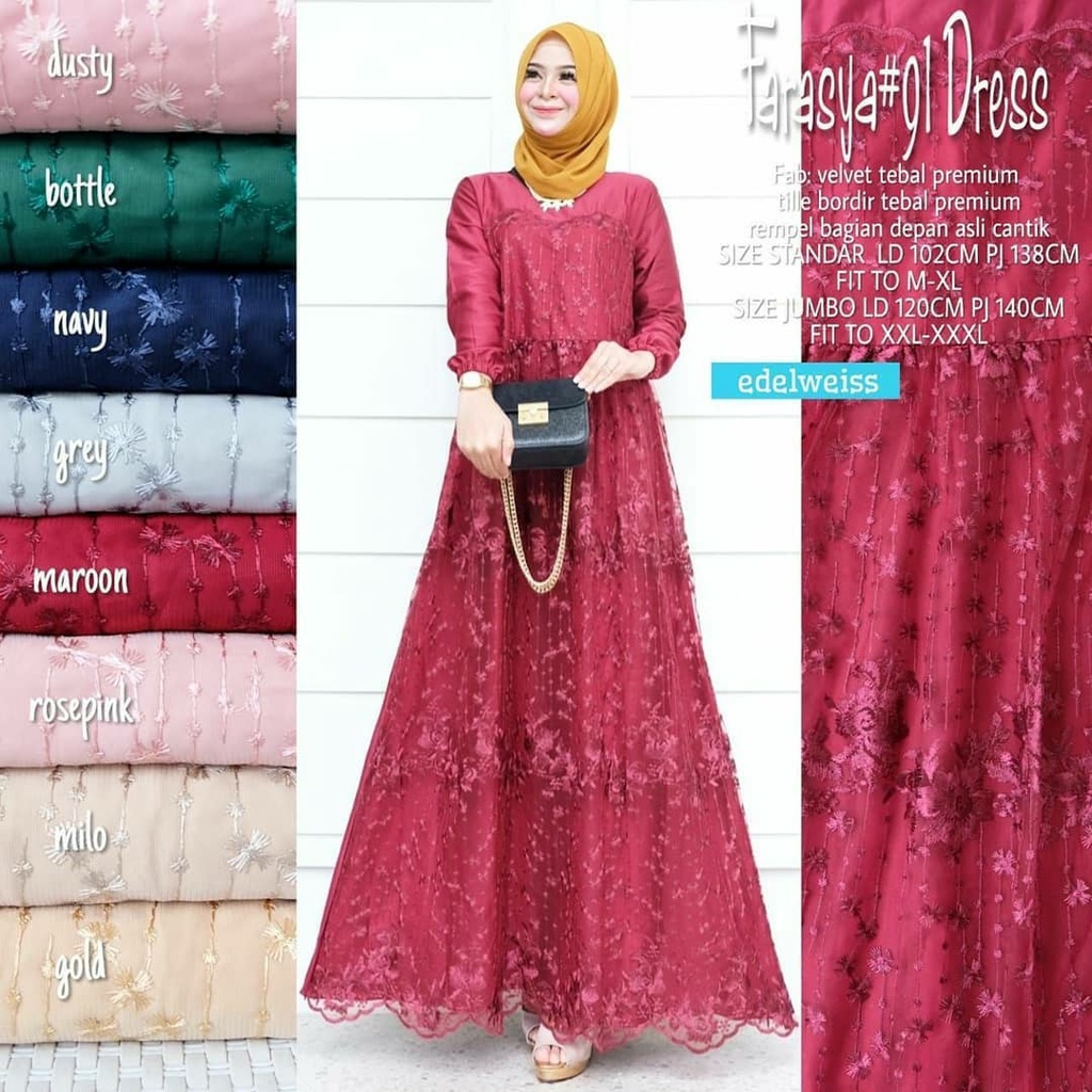 Dress Brukat Wedding Dress Farasya #91 Gamis Kondangan Jumbo Wanita xxxl Ld 130cm Brokat Tile Outfit Bridesmaid Pernikahan Enagement Gamis Lebaran Remaja Muslimah Terbaru Grosir Gamis Termurah Warna Putih Navy Greentea Maroon Nude Gold Brown Millo Denim