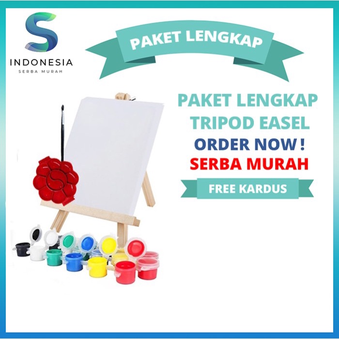 DISKON SHOPEE/ Stand Mini Easel Lukis Lengkap Kuas, Kanvas dan Palet [Paket Lukis] - Basic, 15 cm