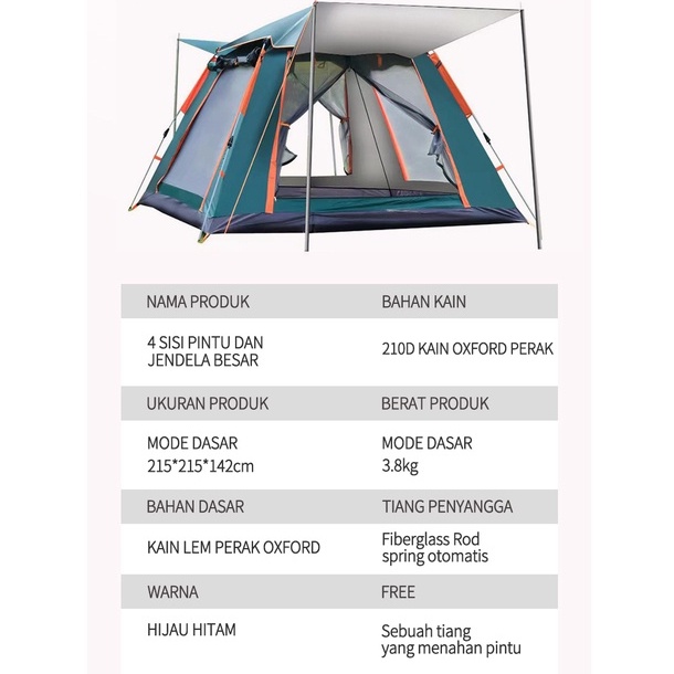 Tenda Camping Kemah Otomatis Kapasitas 4-6 Orang Lipat Portable Waterproof Anti Air Outdoor Indoor Tenda