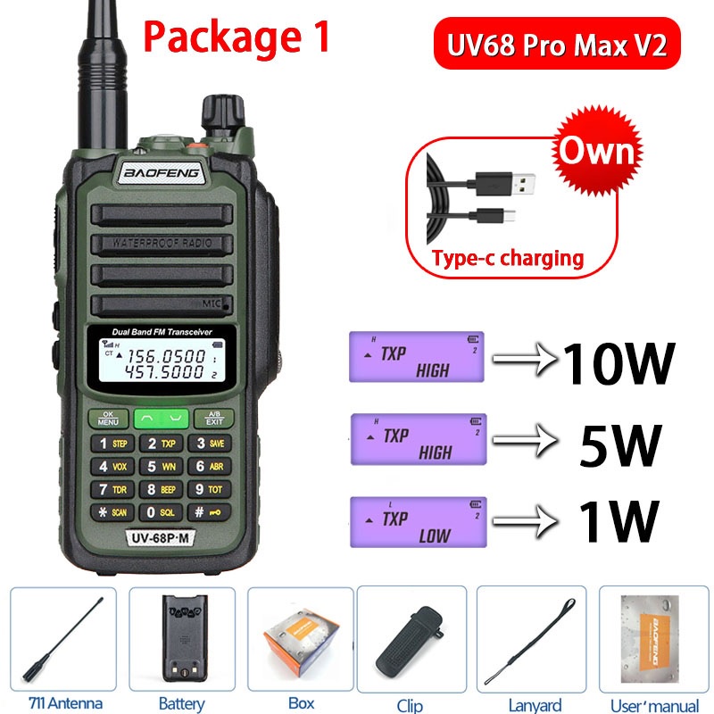 HT UV68 PRO MAX V2 Walkie Talkie IP68 10W Dual Band USB-C Charging