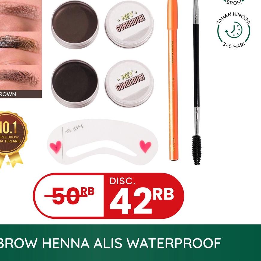 FLASH SALE HEY GORGEOUS Henna Alis Hey Gorgeous / Set Brow Henna Halal (Tahan 3-5 Hari) FREE PENSIL 