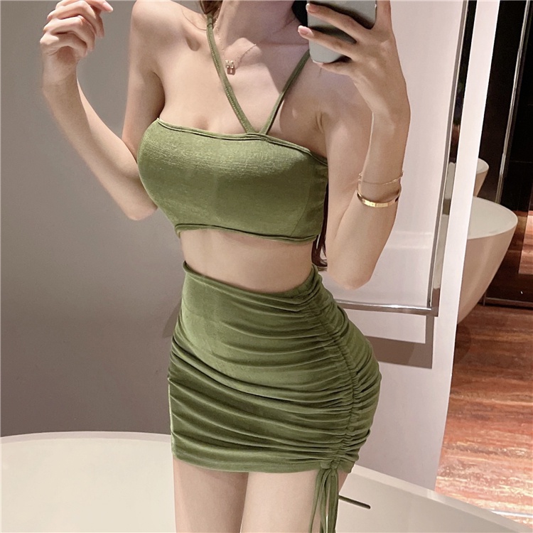 Red Seksi Suspender Gaun Wanita Musim Panas Desain Akal Niche Paket Hip Rok Temperamen Serut Lipit Spice Girl Rok