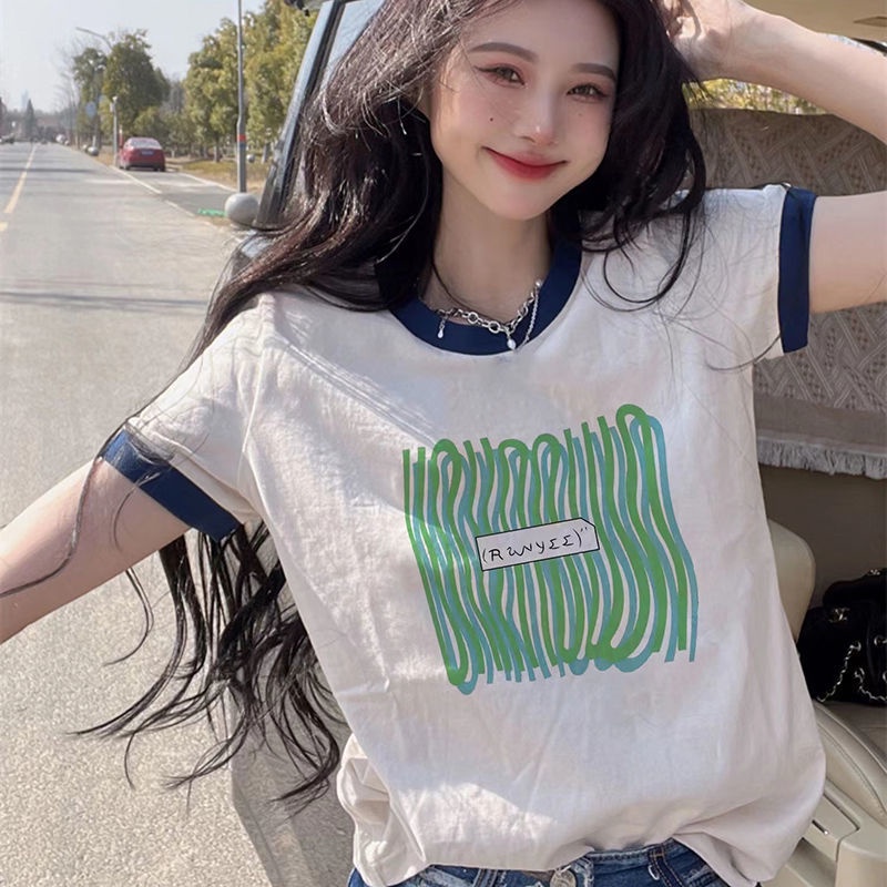 Red 2022 Musim Panas Baru Putih Lengan Pendek T-shirt Wanita Bahu Depan Katun Murni Longgar All-Match Warna Kontras Geometris setengah Lengan T-shirt Tide