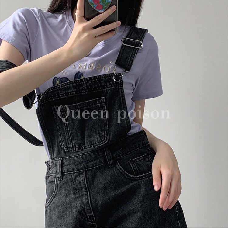 Red Kecil Fashion Pinggang Tinggi Suspender Denim Celana Pendek Musim Panas Longgar Slim Tabung Lurus Kasual Suspender Lebar Kaki Pendek Hot Pants