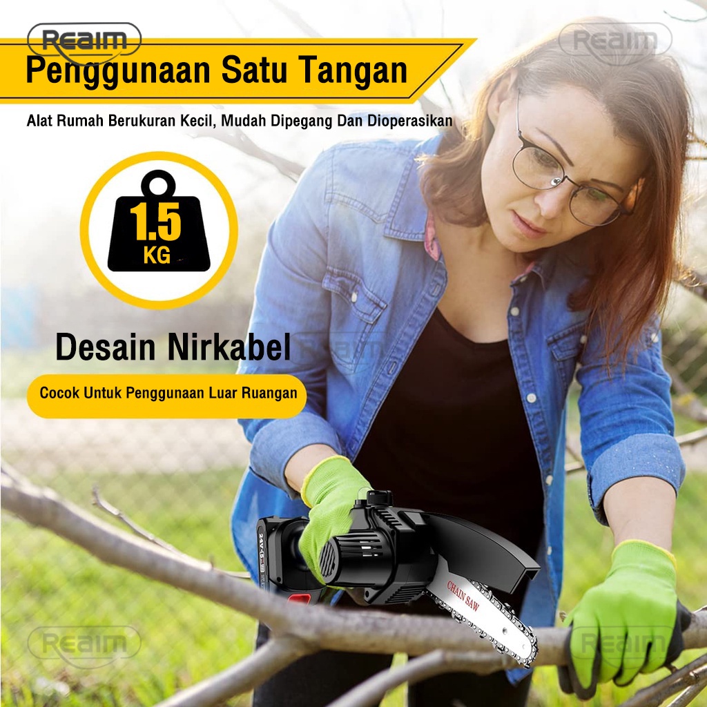 Reaim [Garansi 3 tahun] Cordless Chainsaw 6 inch 198V Mini Chainsaw mesin gergaji kayu/ Portable Gergaji Rantai/ Reciprocating Saw/ gergaji listrik/ gergaji mesin gergaji with berisi dua baterai