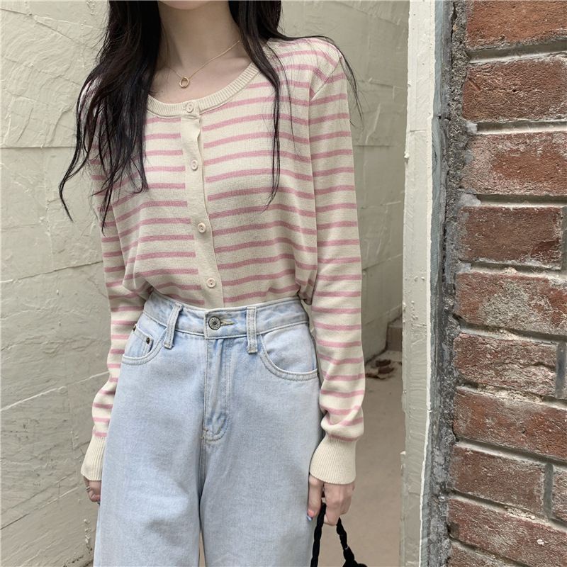 Cardigan Sweater Motif Garis Fashion Korean Crop Long Sleeve Knit Top Atasan Korean Style Wanita