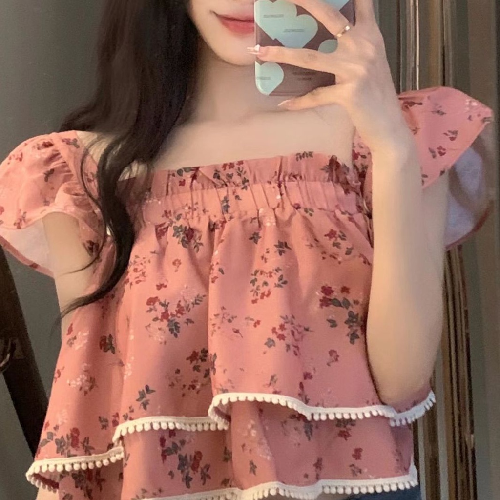 Red French square collar shirt short-sleeve sweet and elegant style sweet and elegant style niche design sense pure desire hot girl short chic top summer