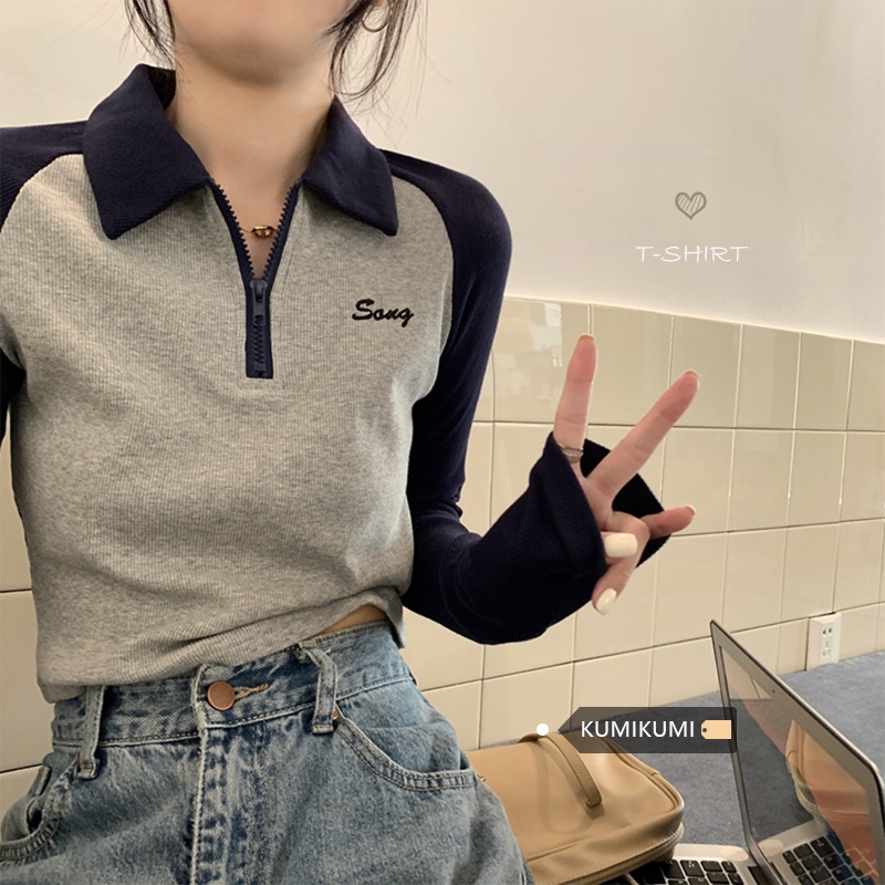 Red Gaya Amerika Warna Kontras Polo Kerah Slim Fit Lengan Panjang T-shirt Wanita Musim Semi Kemeja Hot Girl pendek Top Pasang