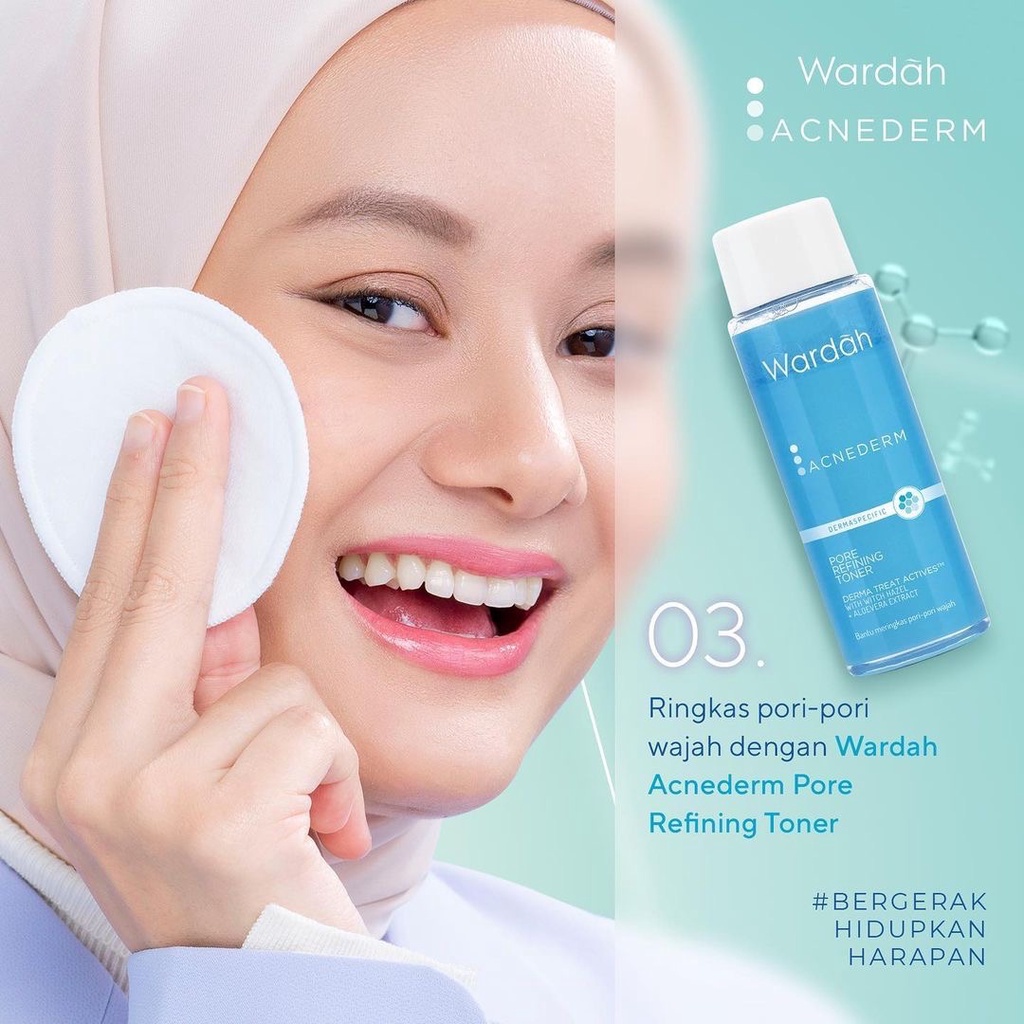 WARDAH Acnederm Pore Refining Toner Indonesia / Pembersih Wajah 100ml / Derma Treat Actives With Witch Hazel + Aloevera Extract / Bantu Meringkas Pori-Pori Wajah / Skincare Face Care Series Foaming Cleanser Serum Day Night Moisturizer Acne Spot Gel Powder