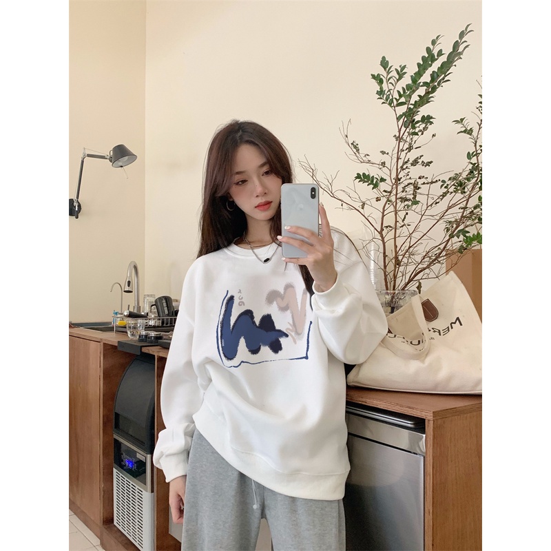 XIAOZHAINV Korean Style Style Crayon Doodle Pattern Lengan Panjang Baju Sweater Wanita