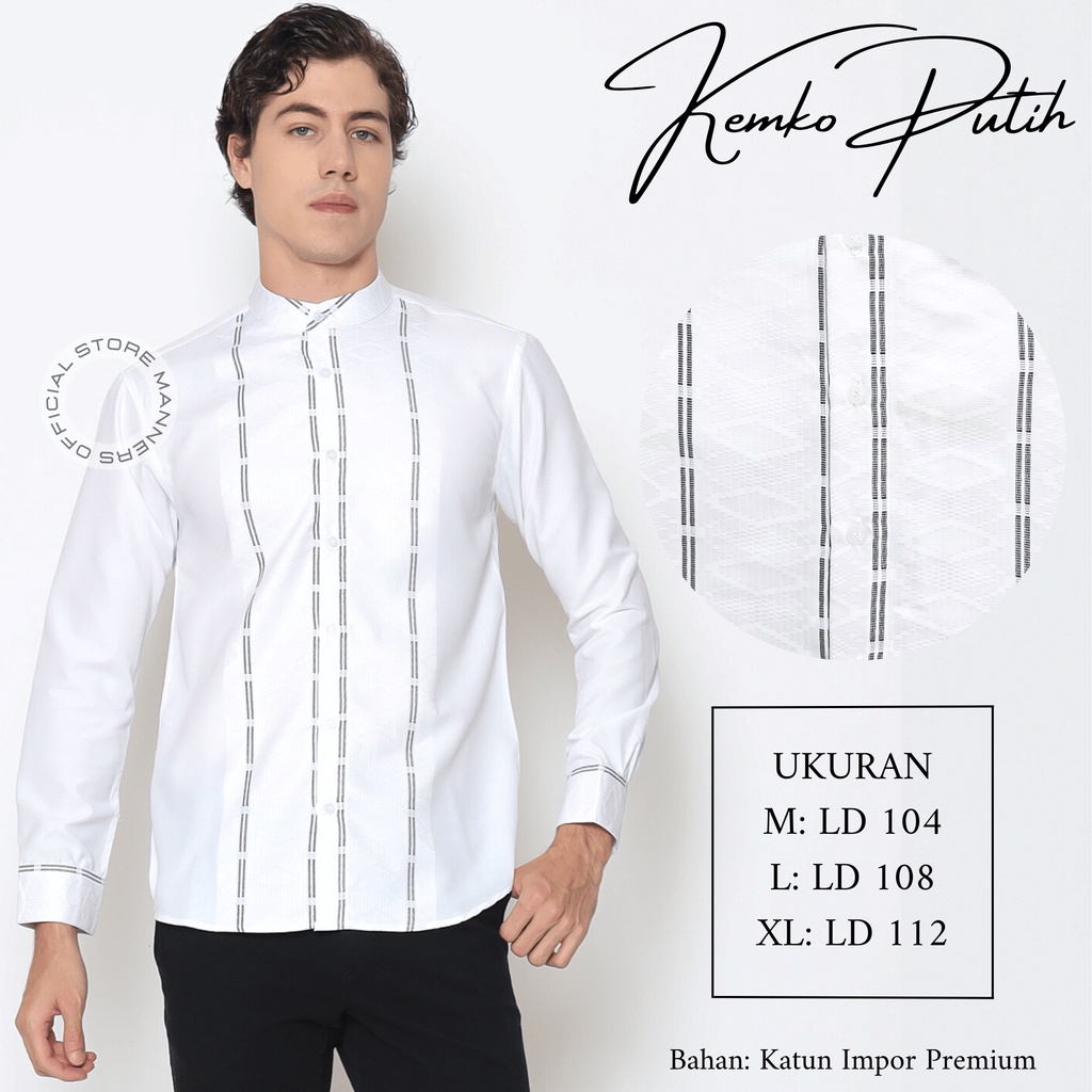 Kemeja Koko Pria Lengan Panjang Katun Premium Warna Putih List - Baju Koko Katun Motif Premium