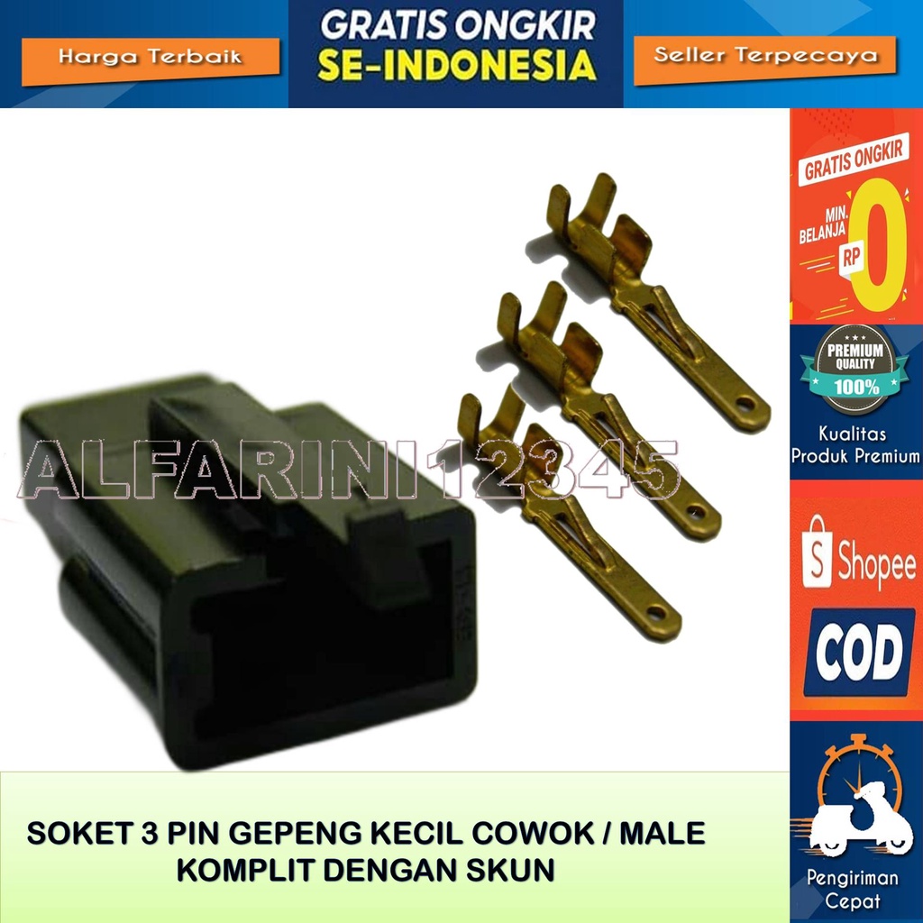 Soket Kabel Gepeng 3 Pin kecil Cowok Male Original Komplit Dengan Skun Warna Hitam Bahan Nylon Tahan