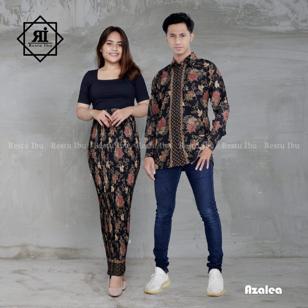 COD Restu Colletion Stelan Couple Kemeja Lengan Panjang  Pria Dan Rok Plisket Wanita Motif Azelea Gold Batik Cocok Untuk Acara Nikahan Kondangan Tunangan Wisuda / Acara Besar Lainnya Bahan Premium Bestseller