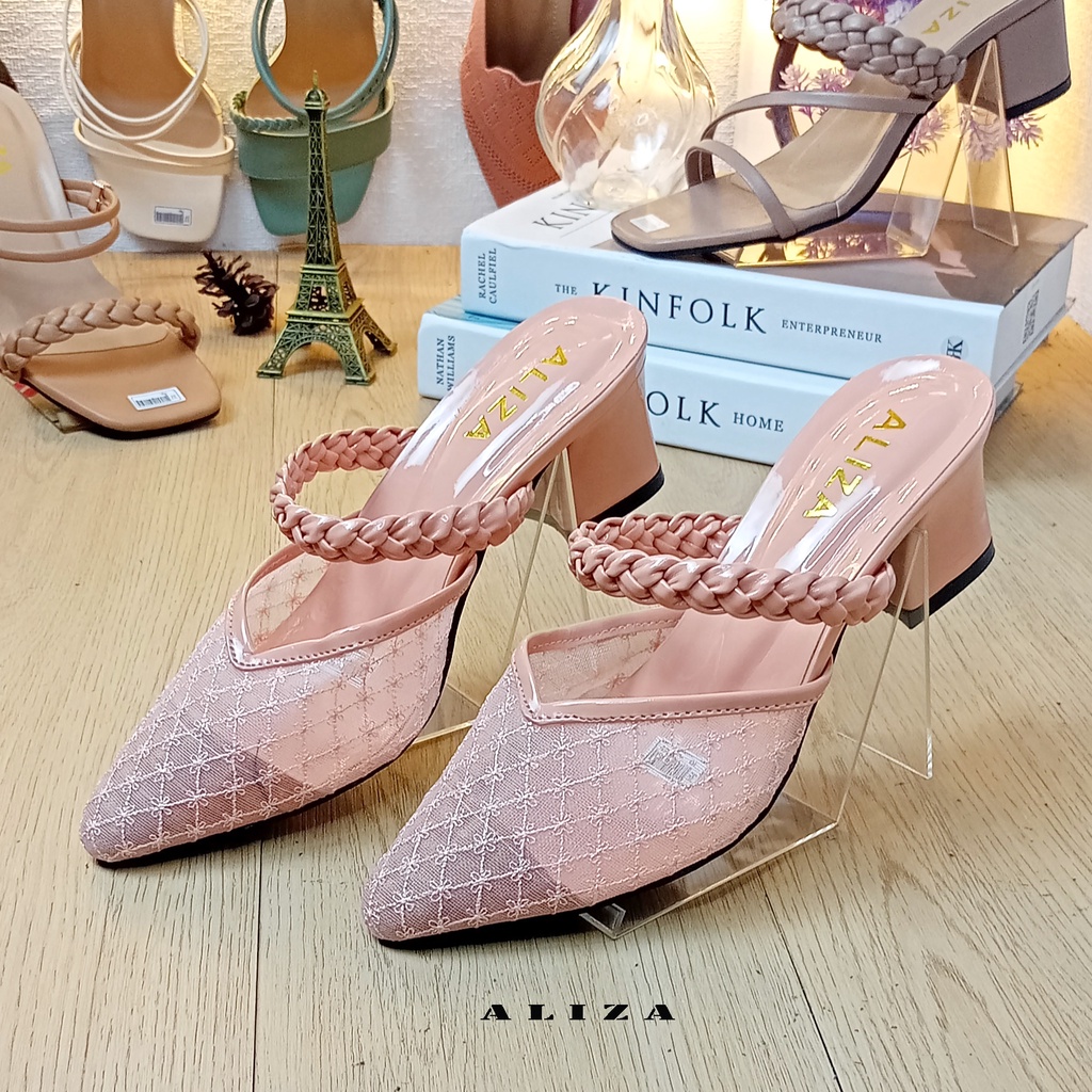 ALIZA SANDAL HEELS WANITA CHUNKY 5 CM JALA RAJUT TERBARU