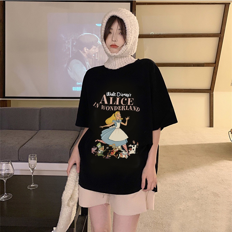 Premium Atasan Wanita Lengan Pendek/Fairy Tales Cartoon Graffiti Print T-shirt Kekinian Kaos Cream