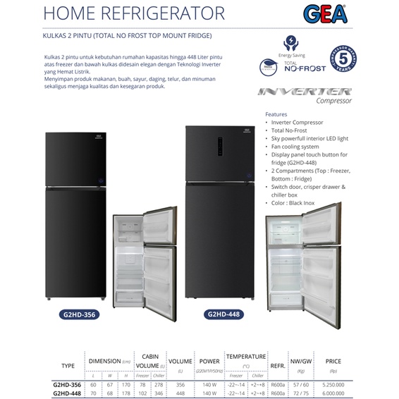 GEA G2HD-356 / G2HD356 Lemari Es 2 Pintu 356 Liter 140 Watt Inverter Compressor Total No Frost