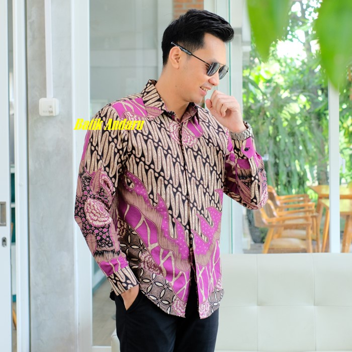 Baju Kemeja Batik Pria Slimfit Lengan Panjang Modern Atasan Premium Warna Ungu Lilac