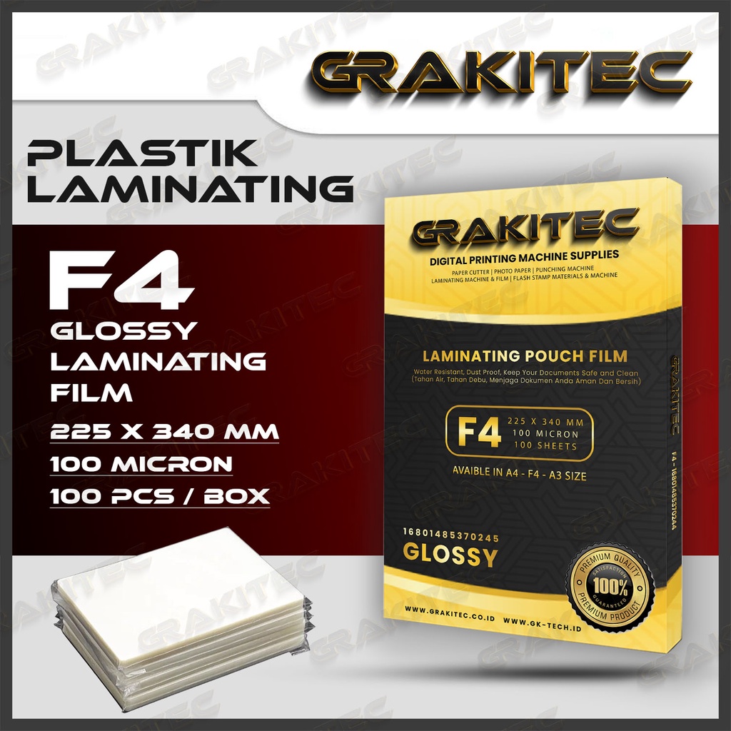 Plastik Laminating FIlm F4 Glossy 100 MICRON 100 PCS GRAKITEC