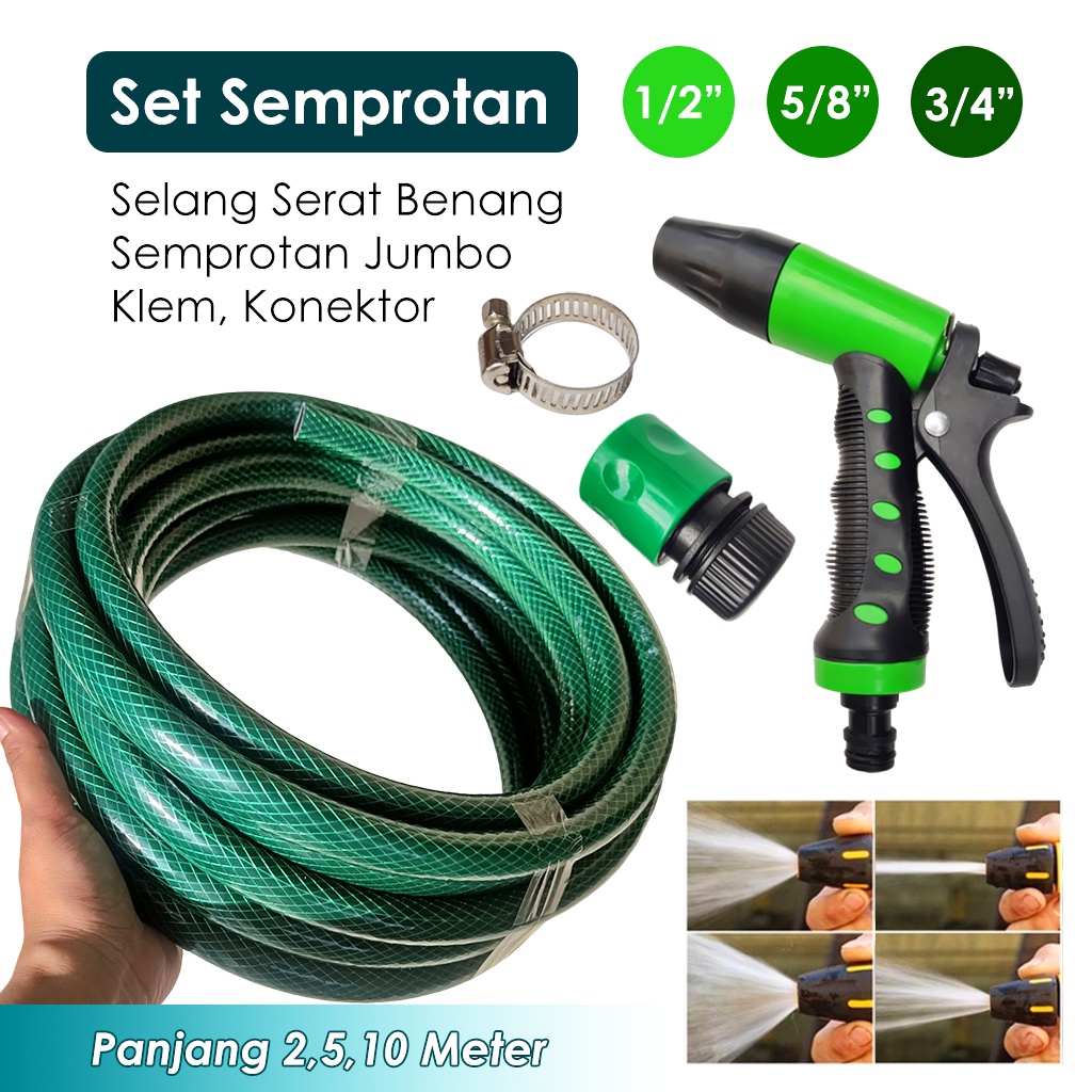 Paket Selang Air Hijau Anti Lumut 2 Meter, 5 Meter, 10 Meter - Selang Air Plus Kepala Selang Semprotan Air Kepala Jumbo - Selang Cuci Motor Siram Tanaman Selang Anyaman Benang Semprotan Besar Kepala Nozzle Plastik