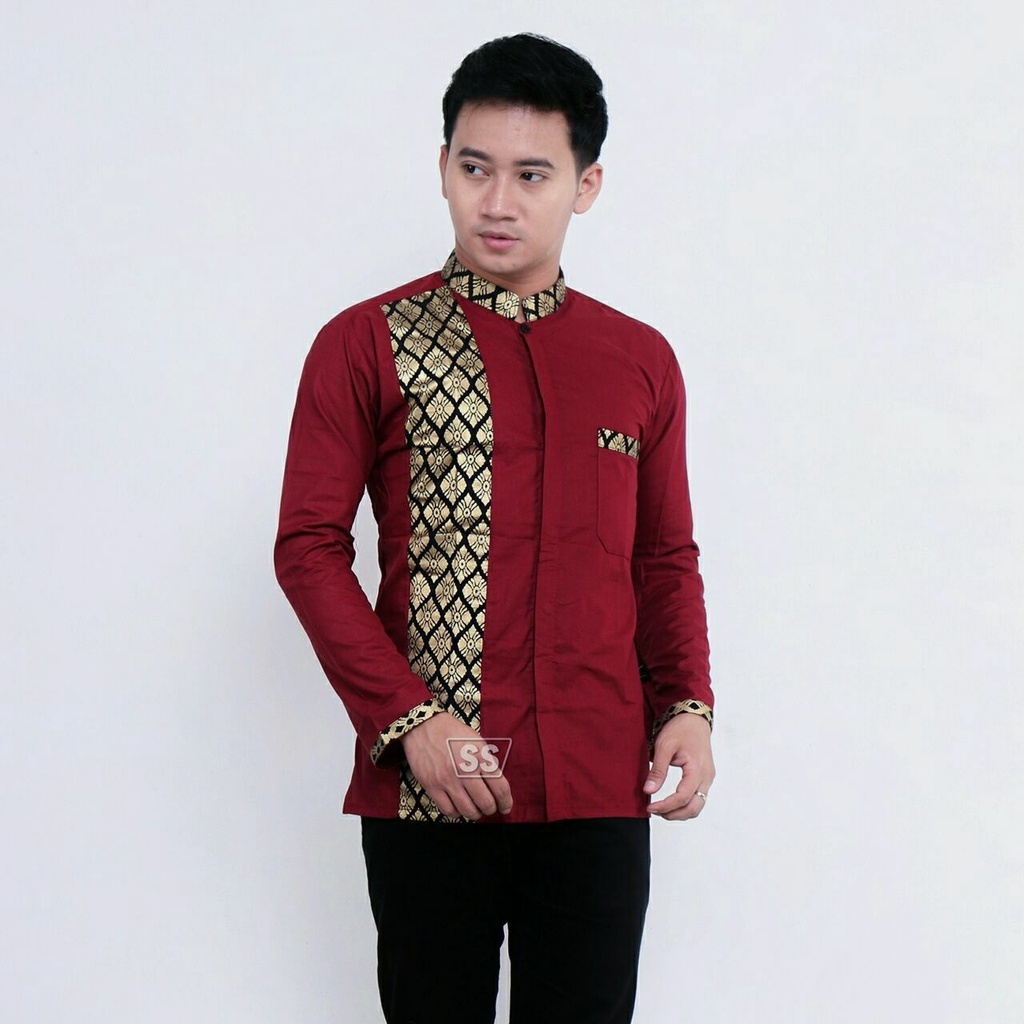 BIGSALE SHOPEE Baju Koko Katun Pria Lengan Panjang Terbaru Terlaris Warna Merah Maron New Koko Bordi