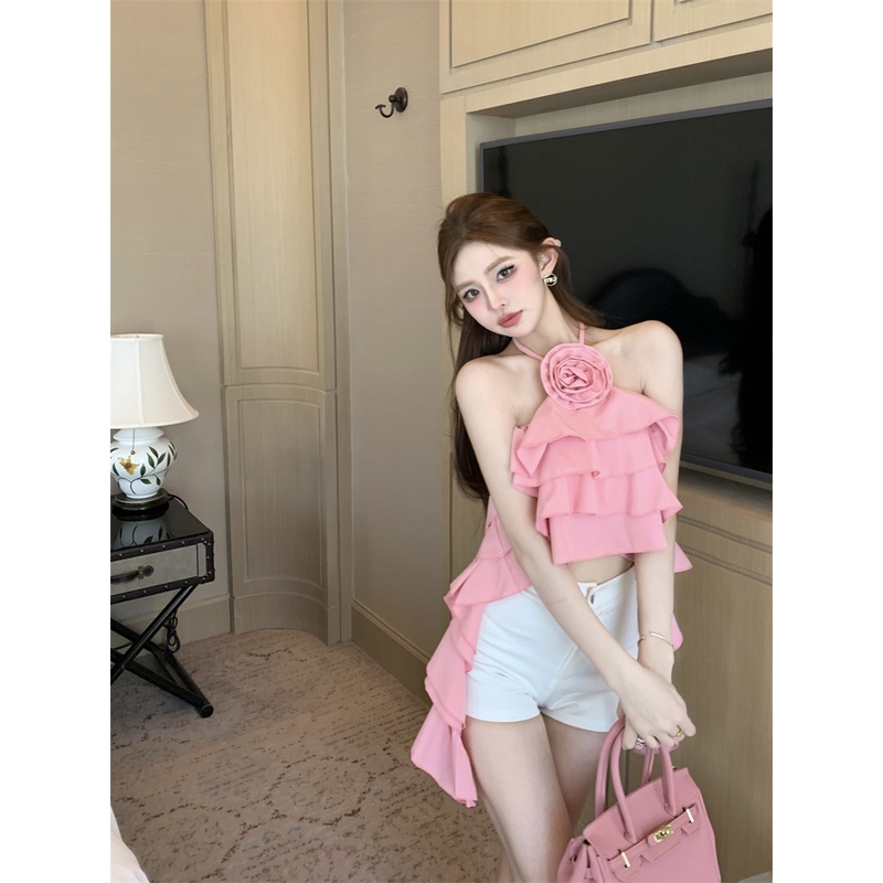 Red Pure desire halter neck small sling bottoming shirt women s summer dress French white ruffles sleeveless outerwear vest top