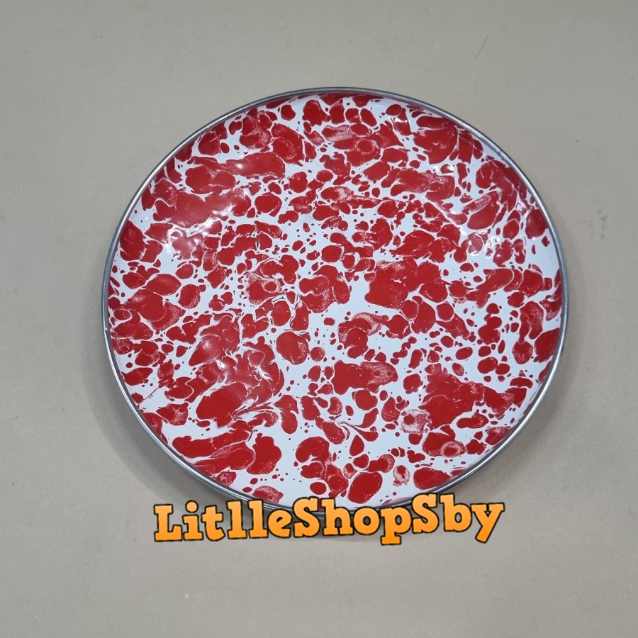 Piring Lepek Enamel 15cm Merah Blirik Loreng