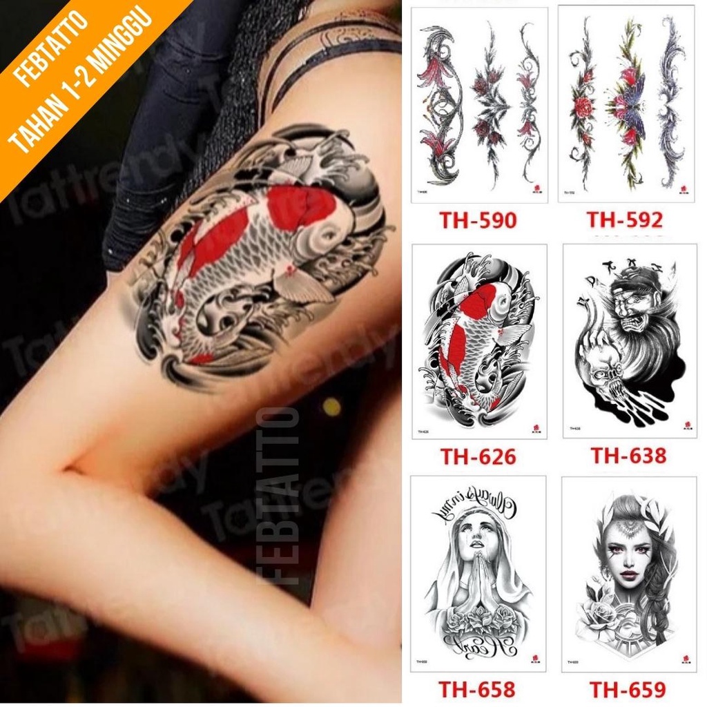 Tato Temporer Ukuran 21cmx15cm Motif Aesthetic Tatto Temporary Stiker Tato Halal Grosir Tato air motif bunga, ikan, tengkorak, perempuan  TH 626