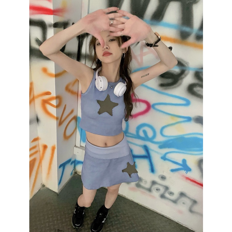 Red Kumikumi hot girl suit perempuan bintang berujung lima tanpa lengan rompi pendek musim panas pinggang tinggi setengah panjang rok pendek two-piece set