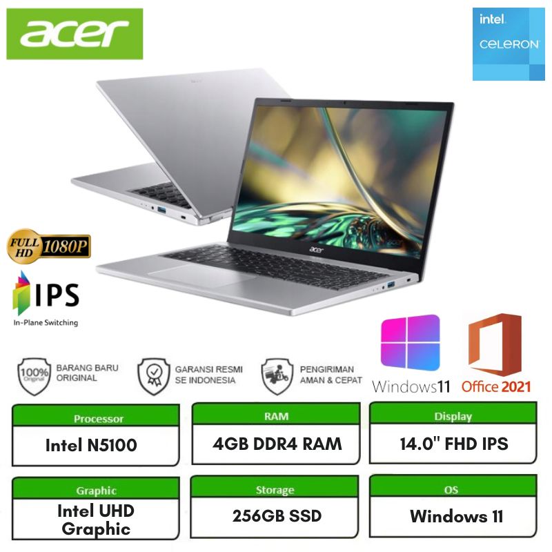 ACER ASPIRE 3 A314-35-C91P INTEL N5100 4GB 256GB SSD 14"FHD WIN 11 Quad core Laptop