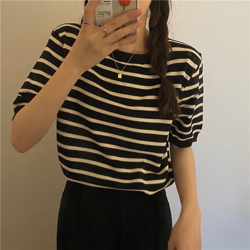 Korean Style rajut lengan pendek wanita retro kasual Knit stripe T-shirt