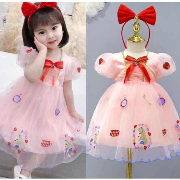 Dress anak pink bordir alice/gaun pesta anak impor lengan balon