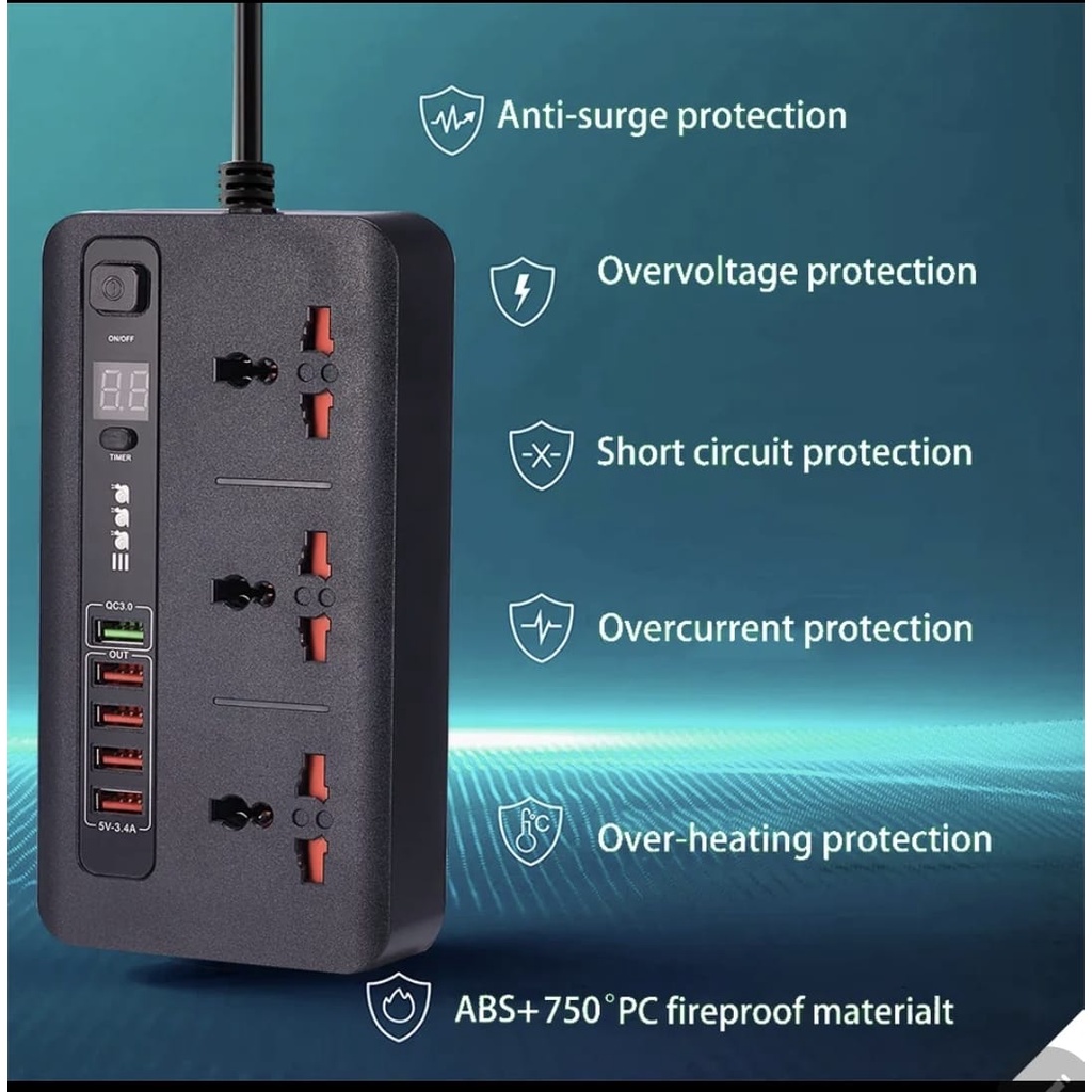 3 soket power 5 Usb Fast Charging Lcd Timer BKL 04 2500watt