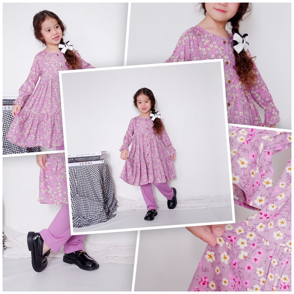 Nauree - Setelan Tunik Kikan Flora Untuk Anak Perempuan Umur 1 2 3 4 5 6 7 8 Tahun Bahan Katun Rayon Printing Kualitas Premium Dingin Nyaman Lembut Bisa Dipakai Jalan Jalan Motif Lucu Bunga Bunga Import Warna Cantik Murah Blus Atasan Kerudun