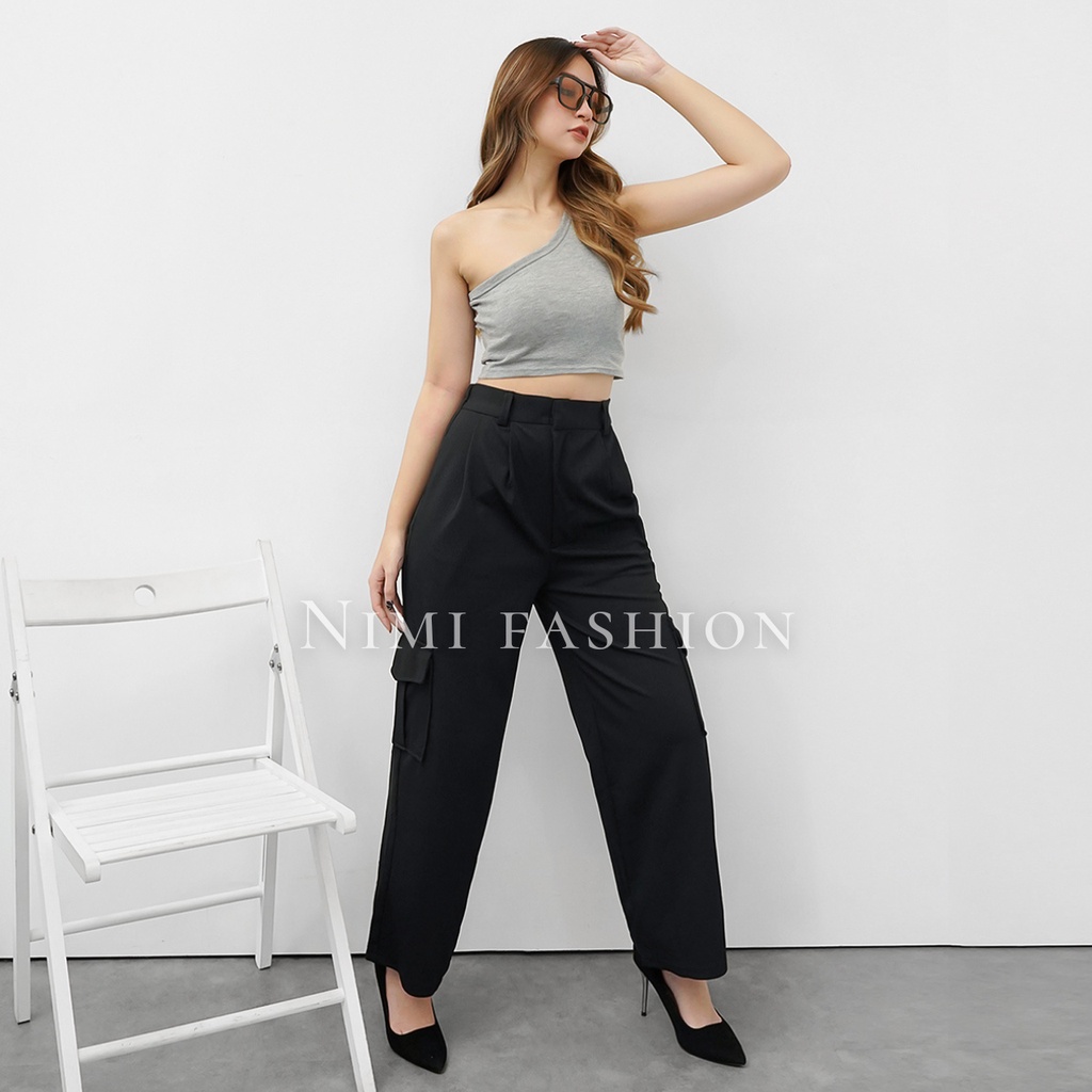 NIMI - Celana Highwaist Loose Cargo Wanita Celana Cullote Cargo Pants Knit Import