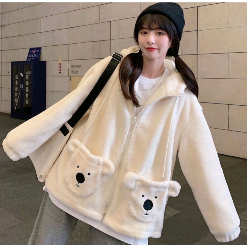 SWEATER JACKET KOALA HOODIE ZIP ATASAN WANITA ALA KOREAN FASHION KASUAL STYLE