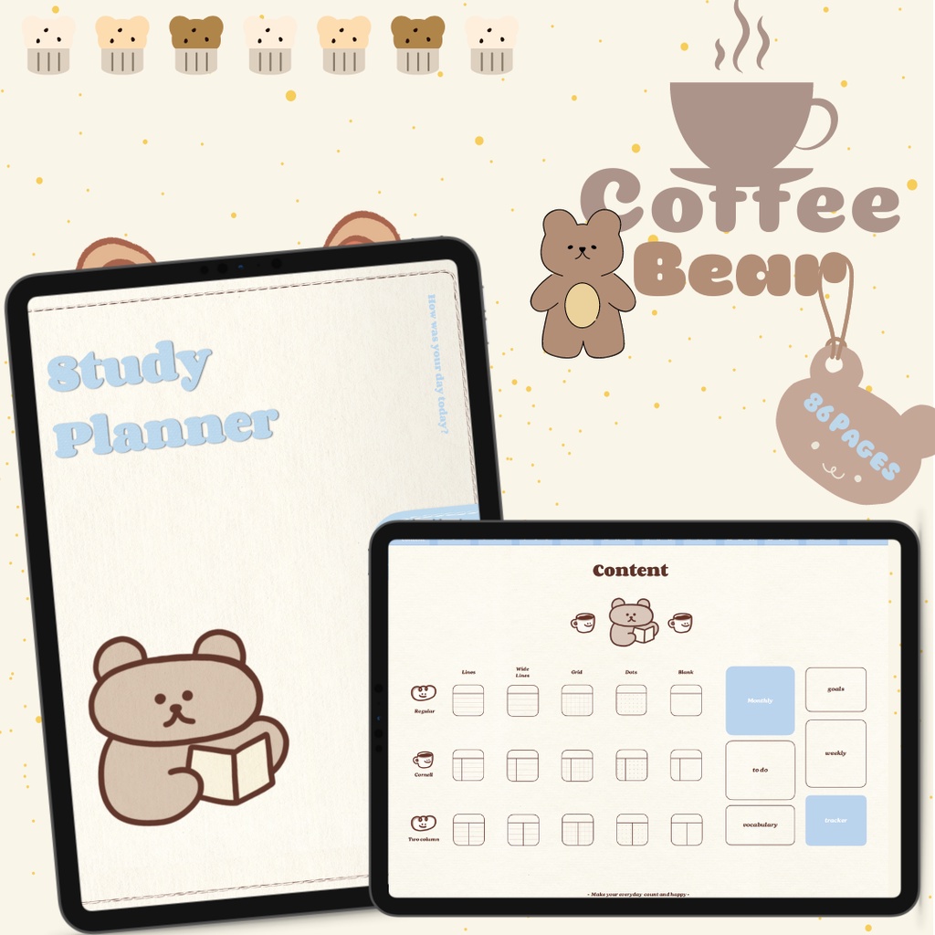 Study Planner Digital cute with notebook --- Coffee Bear Study Planner
