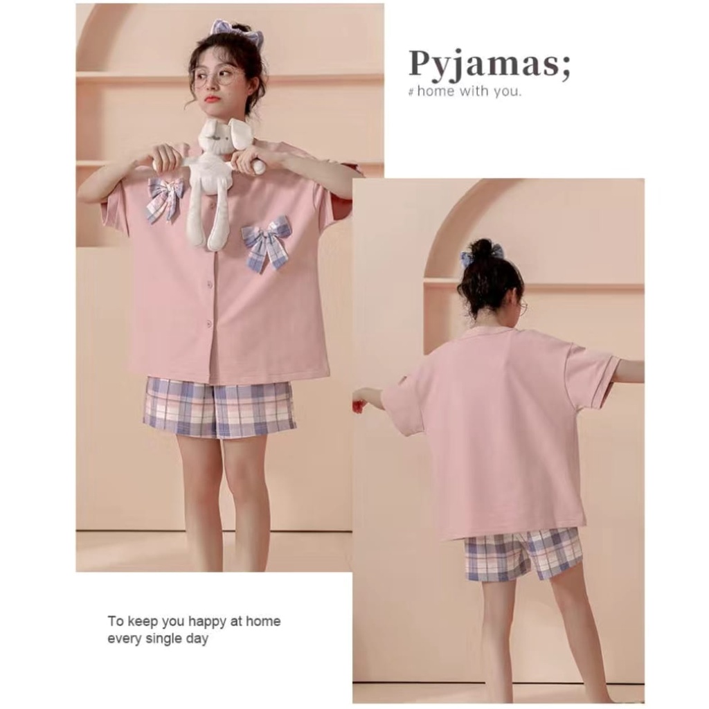 Baju tidur piyama hotpant kra v kancing bahan kaos prisket