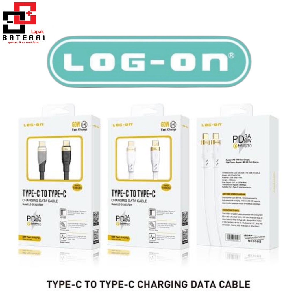 LOG - ON CC60 Atom Kabel Data Type C To Type c 60W | Kabel Charger C to C 3A High Speed Charger