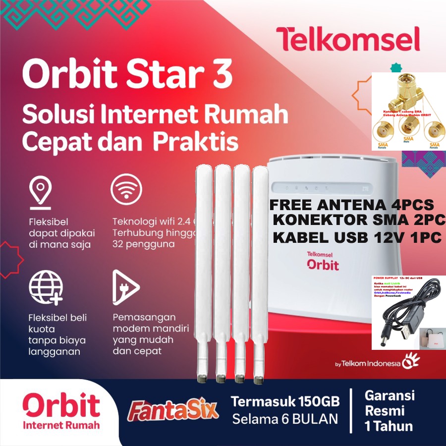 Orbit Star 3 ZTE MF283U Telkomsel Modem WiFi 4G Bonus Data 150GB(25X6)