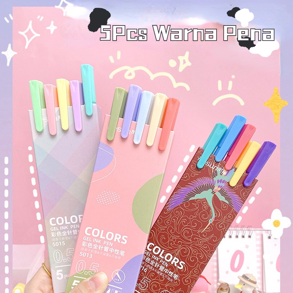 5Pcs/Set Color Gel Pen Warna 0.50mm / Pulpen Gel Warna Warni 0.50mm Macarons pena-Doo