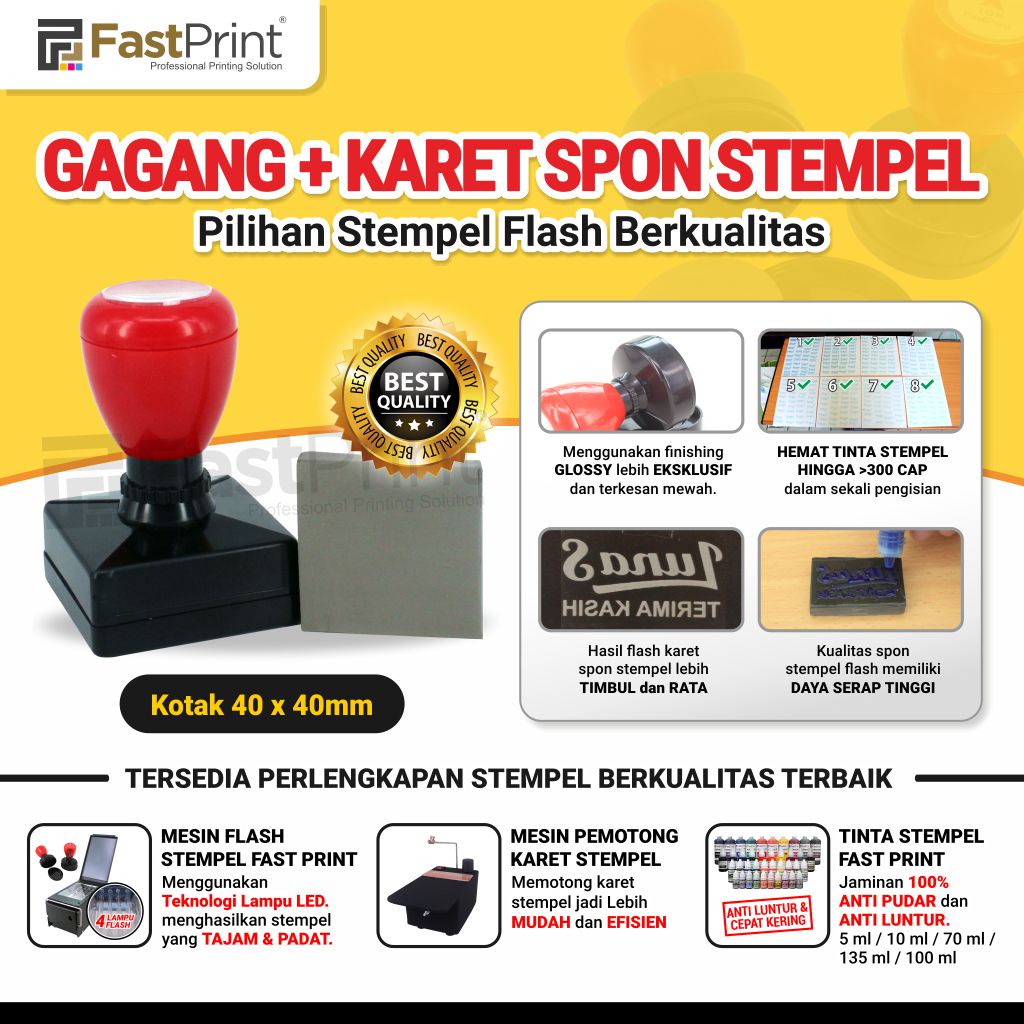 Gagang Plus Karet Spon Potongan Stempel Flash Kotak Ukuran 40X40 MM