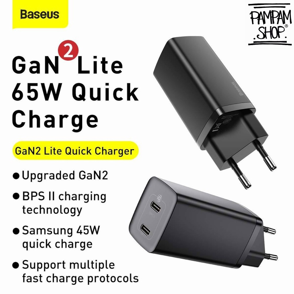 Baseus Original Adaptor Charger GaN2 Lite 65W Dual Type C Super Fast Charging Quick Charge Adapter Casan Ori