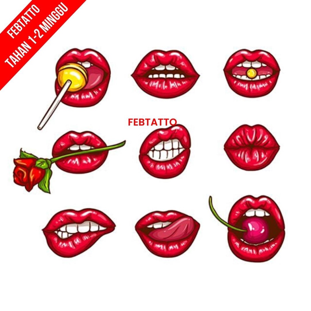 Tato Temporer Bibir Merah Tato kecil Stiker Tatto Kiss - LIPS 6-14