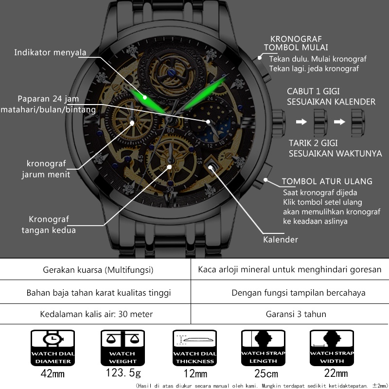 WISHDOIT Jam Tangan Pria Original Tahan Anti Air Laki Laki Lelaki Terbaru Keren Jam Tangan Cowok Besi Tahan Karat Silver/Hitam Luxury Men Watch Waterproof Stainless Steel Fashion Analog Sun/Moon/Stars Multifunction Chronograph Mechanical [Real Three Eyes]-7