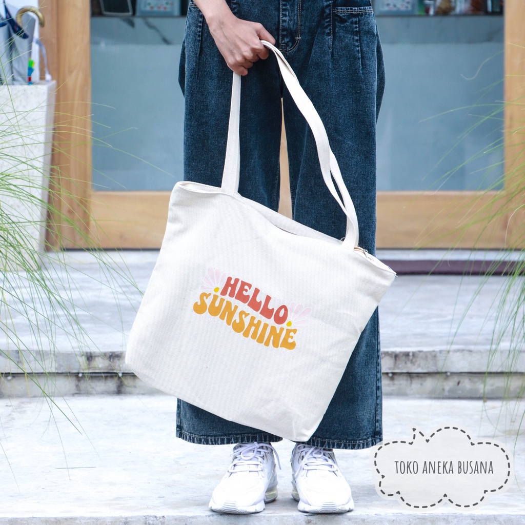 Tote Bag Wanita Kanvas Aesthetic Bahan Premium / Tas Totebag Kuliah Penutup Resleting