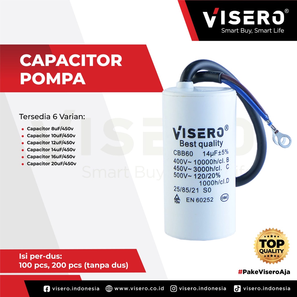 Capacitor/Kapasitor Pompa Bulat Kabel 8UF / 10Uf Tanpa Dus Visero