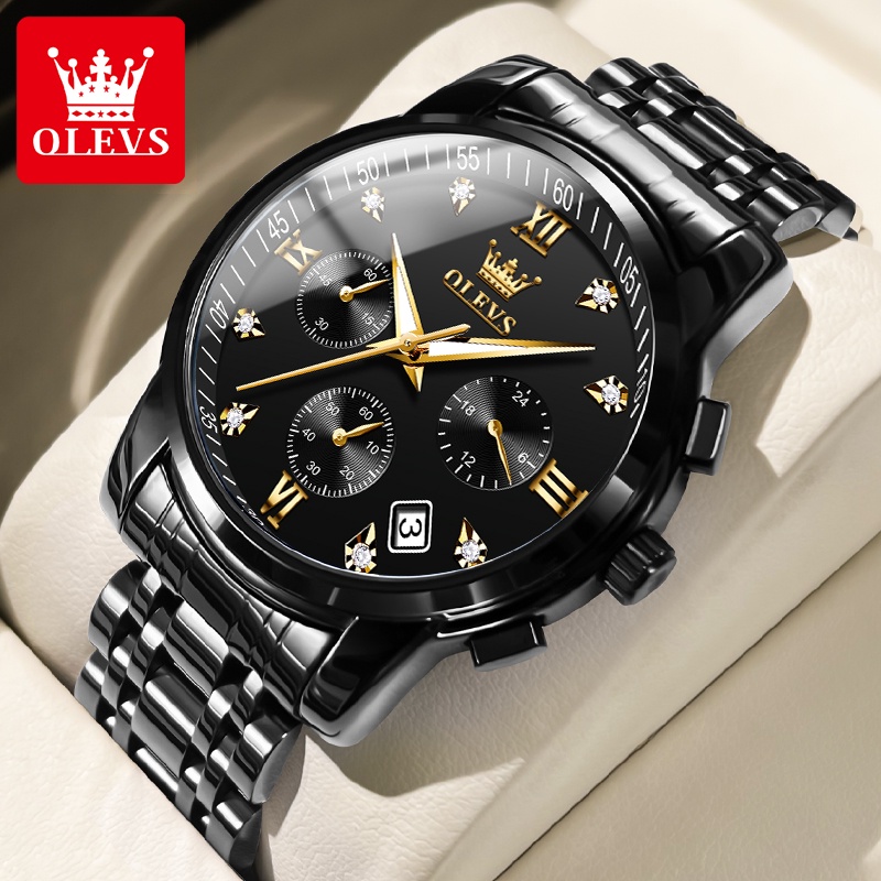OLEVS Jam Tangan Pria Anti Air Original Stainless Steel Chrono Aktif Cowok Luminous Kalender Analog Men Watch Mode 2858-Hitam Penuh