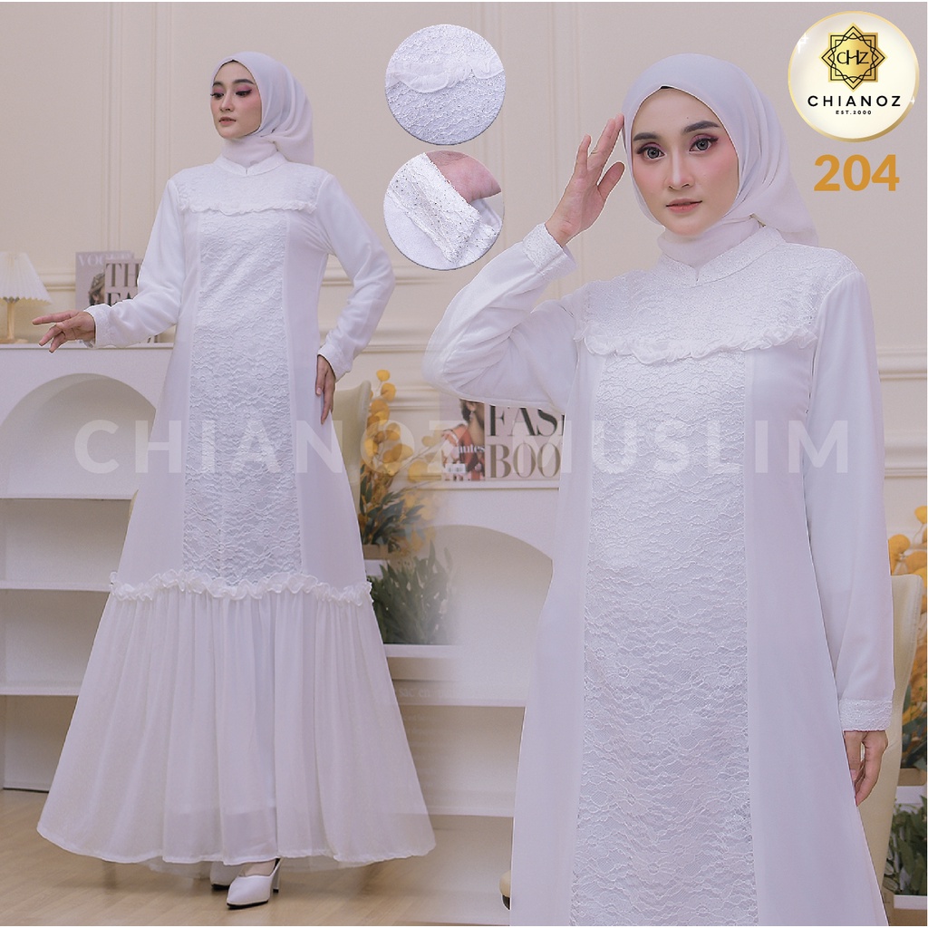 CHIANOZ Gamis Putih Mewah Intan Dress Brukat Renda Baju Lebaran Umroh Haji Manasik Pesta Akad 204 506